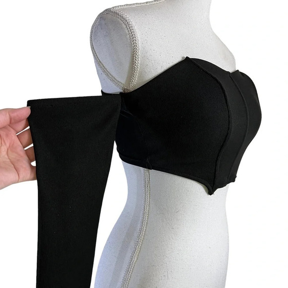 Windsor Black Crop Top Size Small Cold Shoulder Sleeves Corset Boning Pointed - Picture 5 of 7